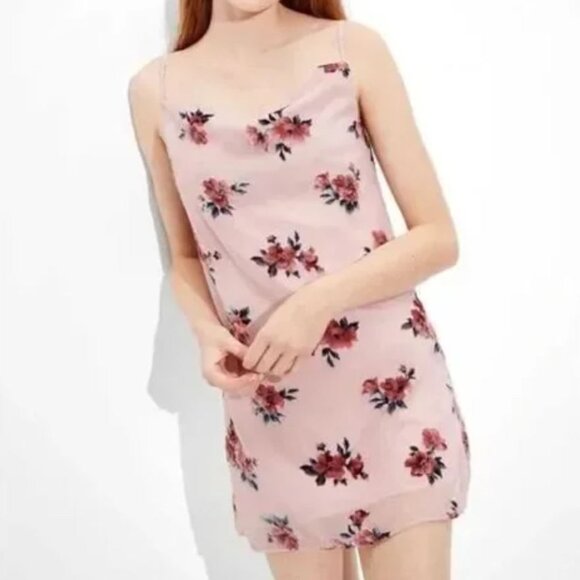 American Eagle | Pink Velvet Floral Chiffon Cowl Neck Mini Slip Dress | Size XS - Picture 1 of 13